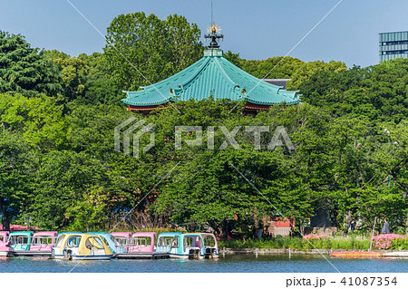 新緑の上野公園 ボート乗り場と不忍池弁天堂の写真素材