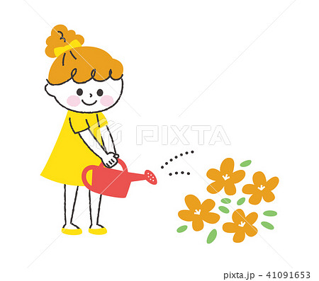 お花に水をあげる女の子のイラスト素材