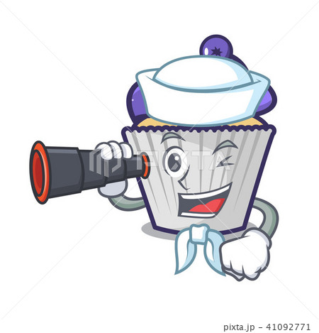 Sailor with binocular blueberry cupcake mascot cartoon Sailor with binocular blueberry cupcake mascot cartoon 41092771
