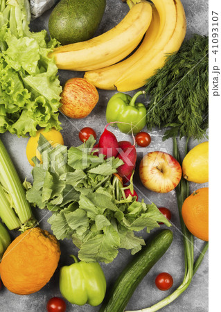 Various healthy food on gray background 41093107