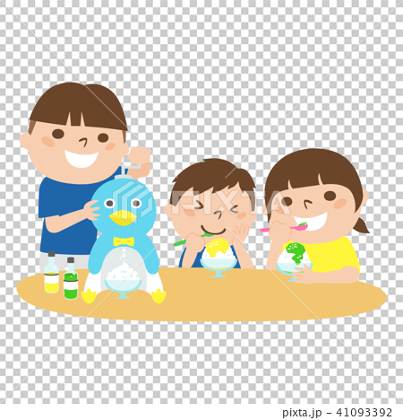 ペンギン型のかき氷器でかき氷を作る男の子と美味しそうにカキ氷を食べる女の子と男の子のイラストのイラスト素材