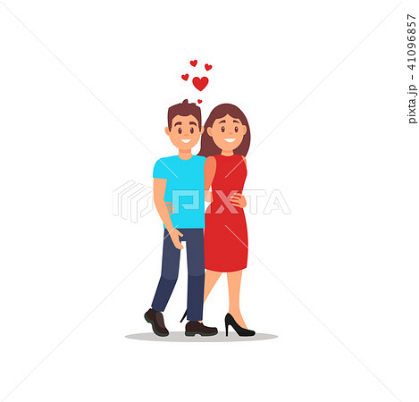 Happy romantic couple walking and hugging. Young man and woman on the date. Flat vector design Happy romantic couple walking and hugging. Young man and woman on the date. Flat vector design 41096857