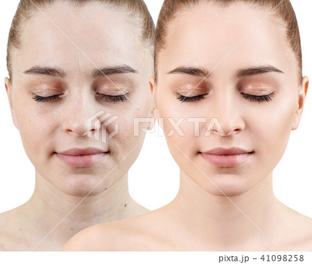 Portrait of woman before and after retouch. 41098258