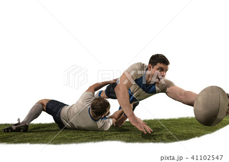 The silhouette of two caucasian rugby man player isolated on white background 41102547