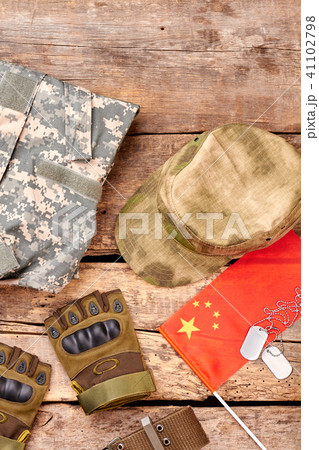 China army equipment flat lay. China army equipment flat lay. 41102798