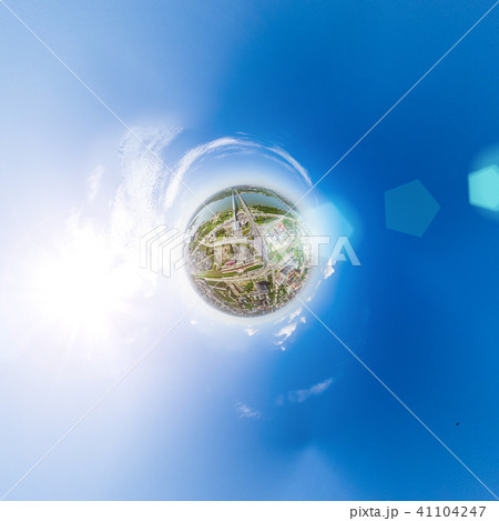 Aerial city view with crossroads and roads, houses buildings. Copter shot. Panoramic image. 41104247