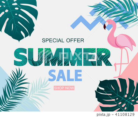 Abstract Tropical Summer Sale Background with Flamingo and Leaves. Vector Illustration Abstract Tropical Summer Sale Background with Flamingo and Leaves. Vector Illustration 41108129