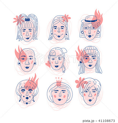 Female faces icons, Informal girls Feminism. Unique hand drawn style, Women's faces, Vector 41108673