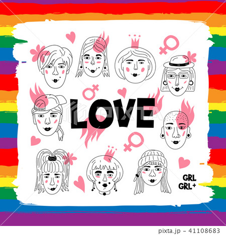 Lesbians Couple Gay people, Love lettering poster. Women's faces, Informal girls, LGBT rainbow 41108683