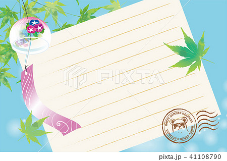 暑中見舞葉書デザイン 横 楓と風鈴と便箋の背景イラスト 夏のイメージのイラスト素材