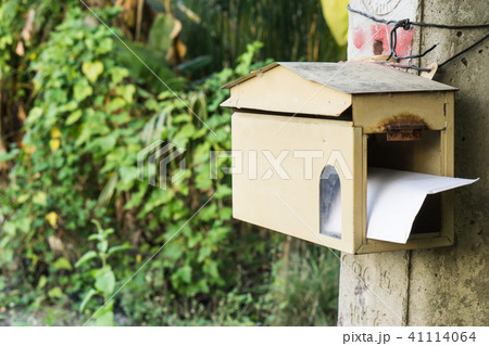 A house shape wooden mailbox hanging on a tree A house shape wooden mailbox hanging on a tree 41114064