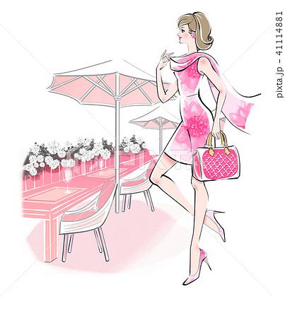 おしゃれして街へ ピンクのドレスのイラスト素材