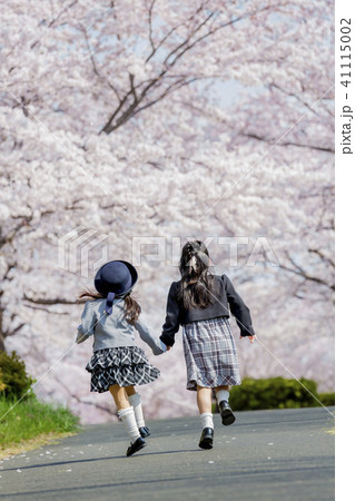 桜の咲く公園を走る新一年生と新入園児の後ろ姿 桜の咲く公園を走る新一年生と新入園児の後ろ姿 41115002