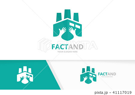 Vector factory and hands logo combination. Industry and embrace symbol or icon. Unique manufacturing 41117019