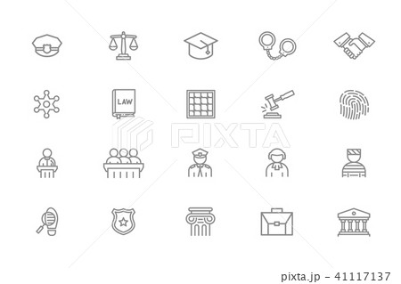 Set of vector crime, law, police and justice line icons. Sheriff star badge, jury, defendant, judge Set of vector crime, law, police and justice line icons. Sheriff star badge, jury, defendant, judge 41117137