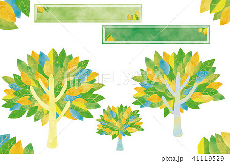 北欧風 葉っぱフレーム 樹々 セットのイラスト素材