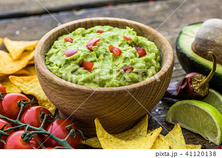 Guacamole with Tortilla Chips and Ingredients 41120138