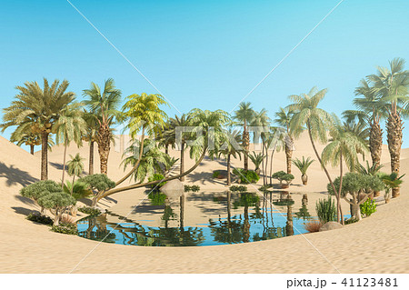 Oasis And Palm Trees In Desert 3d Renderingのイラスト素材