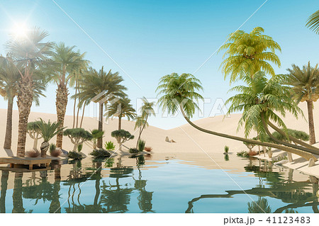 Oasis And Palm Trees In Desert 3d Renderingのイラスト素材