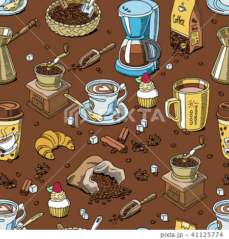 Coffee set coffeebeans and coffeecup vector drink hot espresso or cappuccino in coffeeshop and mug 41125774