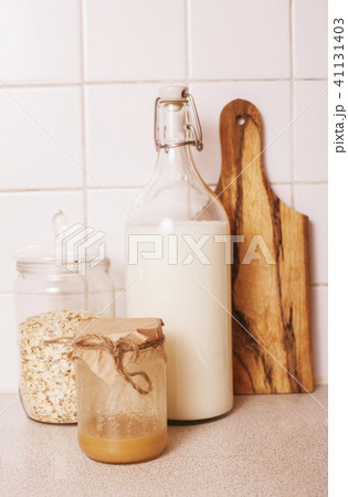 real comfort wooden kitchen with breakfast ingredients close up  41131403