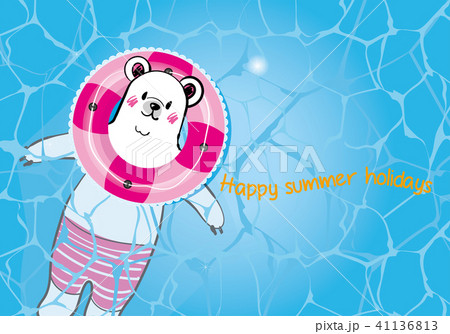 夏のイメージのイラスト プールに浮かぶピンクの浮き輪をしたシロクマ 暑中見舞いのイラスト素材