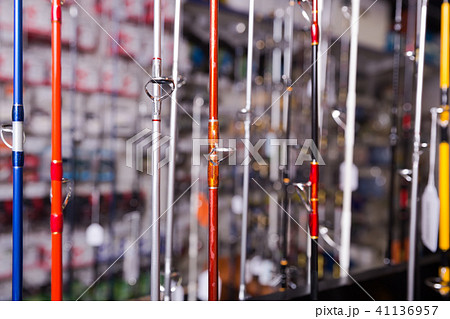 Image of stand with fishing rods in the sports shop Image of stand with fishing rods in the sports shop 41136957