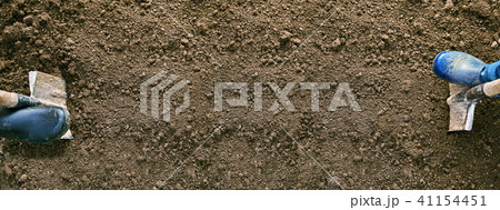 Garden work concept. Male and female feet in rubber shoes digging ground with shovels on the edges Garden work concept. Male and female feet in rubber shoes digging ground with shovels on the edges 41154451