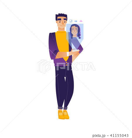 Video call chat conference with man using holographic device to converse with young woman. 41155043