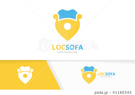 Vector sofa and map pointer logo combination. Couch and gps locator symbol or icon. Unique armchair Vector sofa and map pointer logo combination. Couch and gps locator symbol or icon. Unique armchair 41160343
