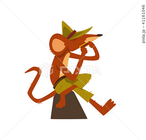 Cute funny rat wearing green pants and hat playing harmonica, cartoon rodent character with musical 41161046