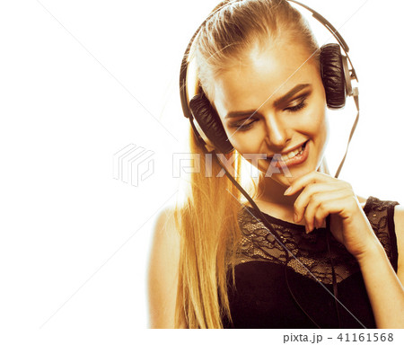 young sweet talented teenage girl in headphones singing isolated 41161568
