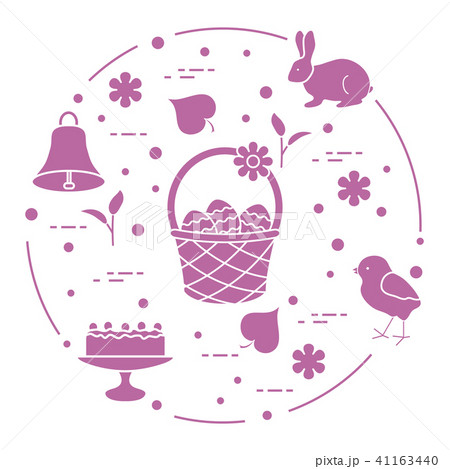 Easter Simnel cake, basket, eggs, bell, chick. 41163440