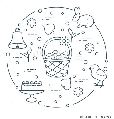 Easter Simnel cake, basket, eggs, bell, chick. 41163793