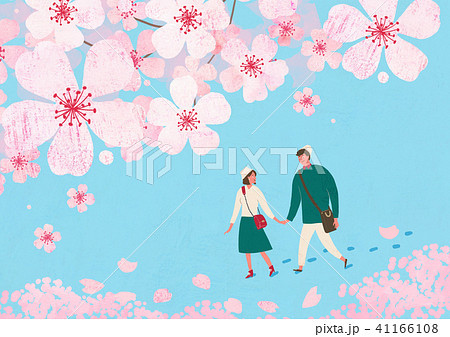 Scenery of blossoms in spring. a couple dating on spring landscape vector illustration. 001 41166108