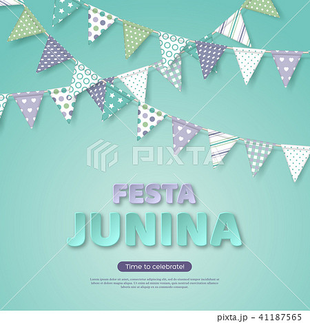 Festa Junina holiday design. Paper cut style letters with bunting flag on light turquoise background 41187565