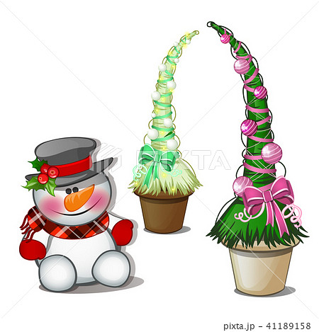 Snowman in black top hat and topiary in the form of a cone Christmas tree with balls. Sketch for 41189158
