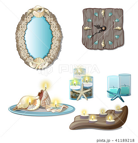 Elements of the interior of seashells and tea candles isolated on a white background. Vector cartoon 41189218