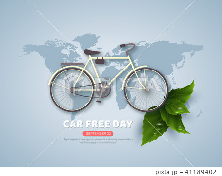 Car free day holiday banner or poster. Paper cut style bicycle, realistic leaves with water drops Car free day holiday banner or poster. Paper cut style bicycle, realistic leaves with water drops 41189402