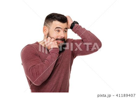 bearded football fan screaming on white background. 41189407