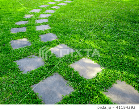 Stone or brick walkway on green lawn outdoors 41194292