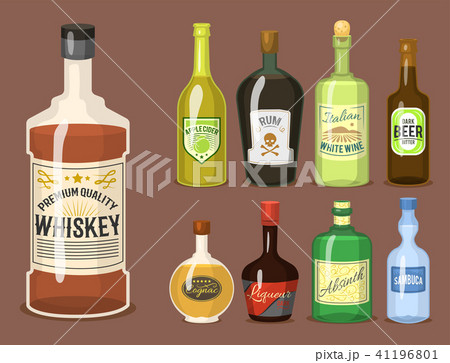 Alcohol strong drinks in bottles cartoon glasses whiskey cognac brandy wine vector illustration Alcohol strong drinks in bottles cartoon glasses whiskey cognac brandy wine vector illustration 41196801