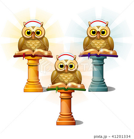 Three statues of owls with books on pedestals, isolated on white background. Cartoon vector close-up Three statues of owls with books on pedestals, isolated on white background. Cartoon vector close-up 41201334