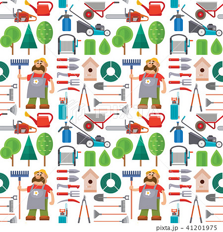 Garden equipment flat seamless pattern background gardener character with rake illustration 41201975
