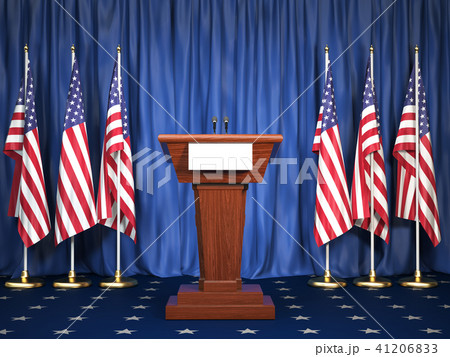 Podium speaker tribune with USA flags. Briefing 41206833