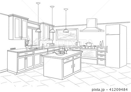 Interior Of Kitchen Room Outline Design Of Kitchenのイラスト素材