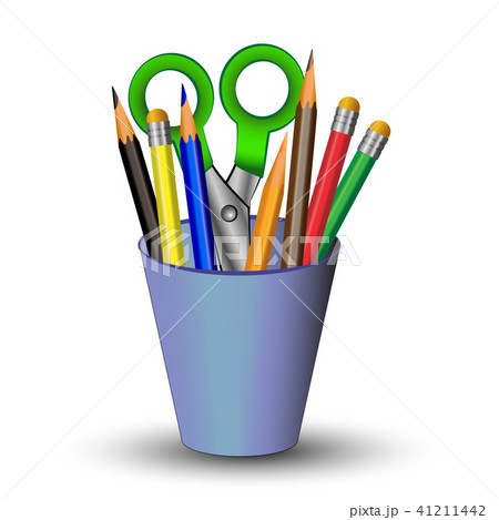 colored pencils and scissors in a blue glass,  41211442