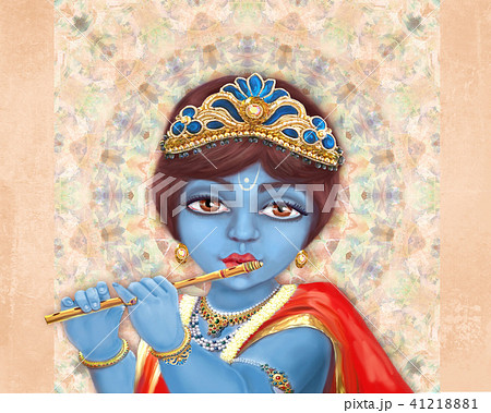 Shri Krishna Playing The Flute Happy Janmashtamiのイラスト素材