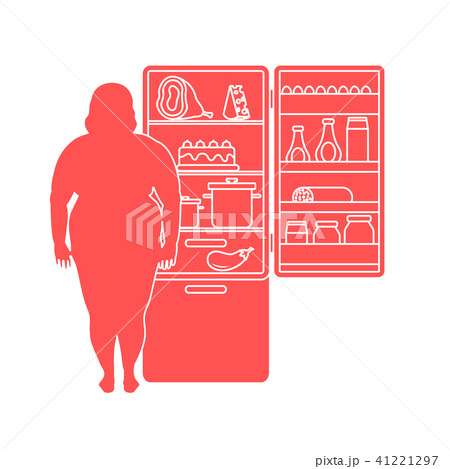 Fat woman stands at the fridge full of food Fat woman stands at the fridge full of food 41221297