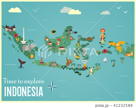 Indonesian map with animals and landmarks Indonesian map with animals and landmarks 41232589